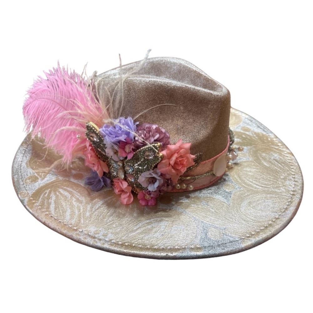 Hand Painted Boho Glam Festive Hat • Feather• Rhinestone • Butterfly • Floral